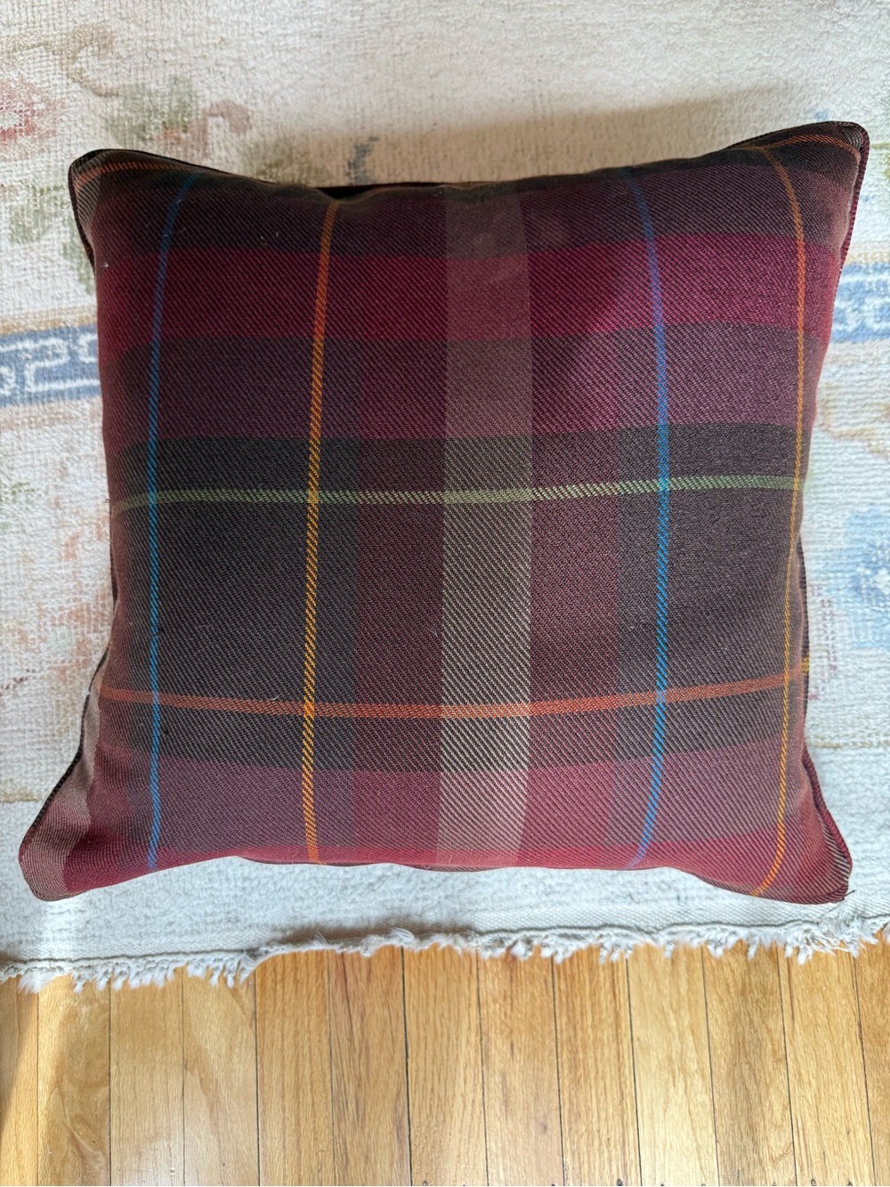 Ralph Lauren Burgundy Plaid Accent Pillow with Multicolor Stripes